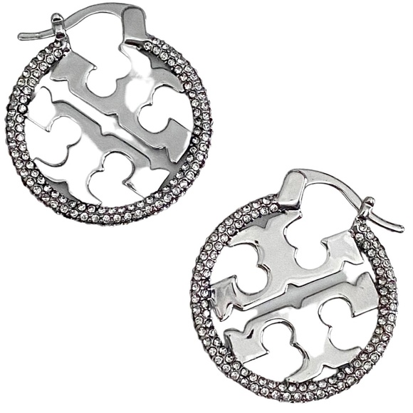NEW Tory Burch SILVER PAVE Miller Hoop Earrings $305 - Picture 6 of 7